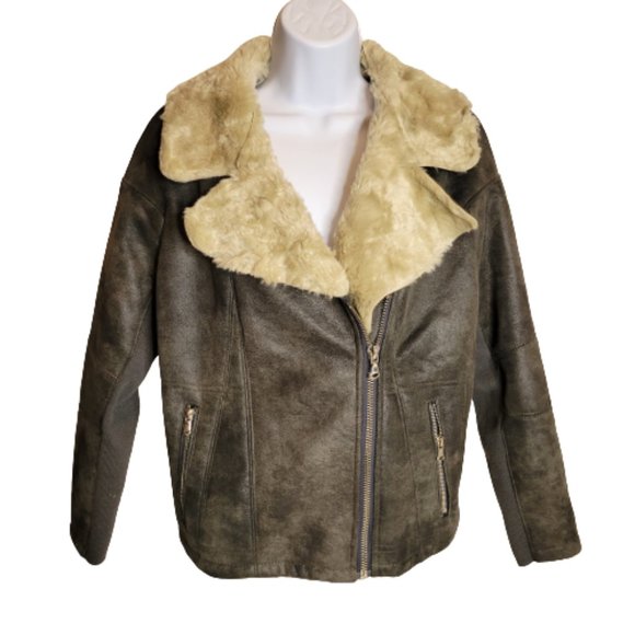 River Island Jackets & Blazers - River Island Women's Faux Suede and Fleece Bomber Jacket, Blk/Beige, Size 10